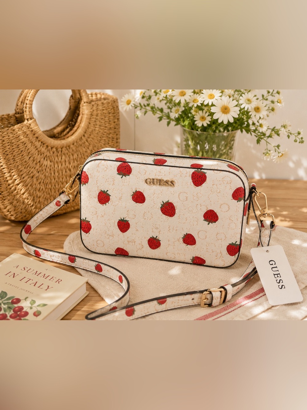 Guess Layla Strawberry Print Crossbody Bag White Red Summer Purse - Picture 2 of 12